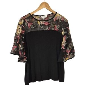 Kim & Cami Embellished Black Pink Flutter Sleeve Blouse